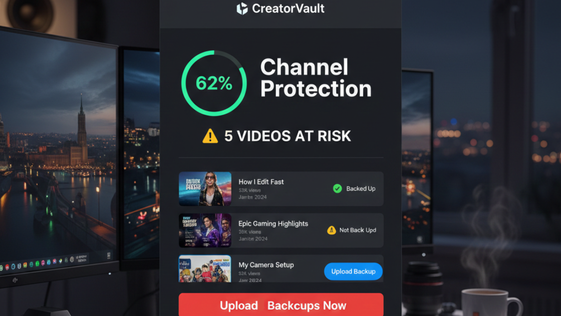 CreatorVault Dashboard showing Channel Protection at 62% with 5 videos at risk